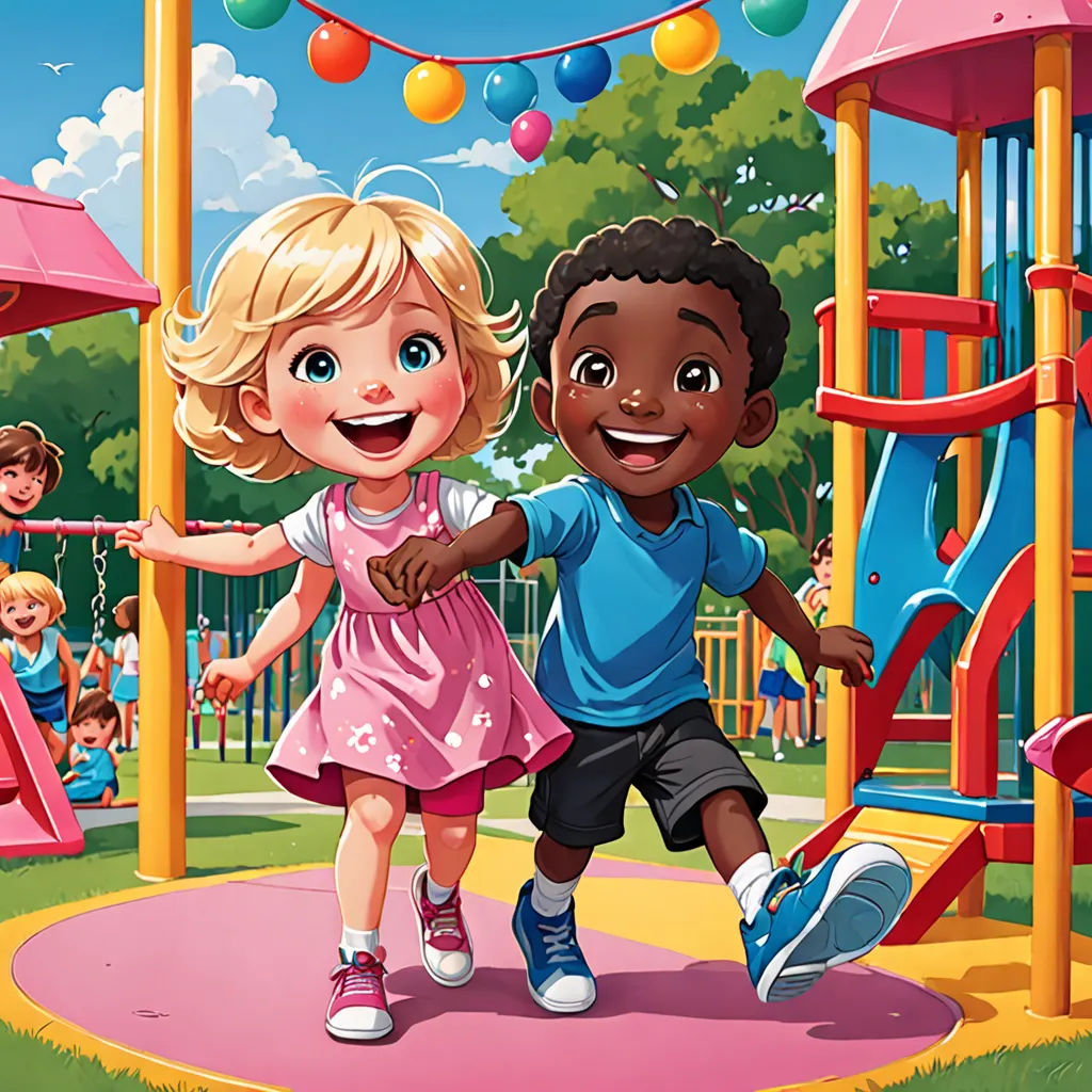 a couple of kids playing in a playground with a playground set and swings in the background and a playground with a play ground, american scene painting, a storybook illustration, Claire Hummel, official art
