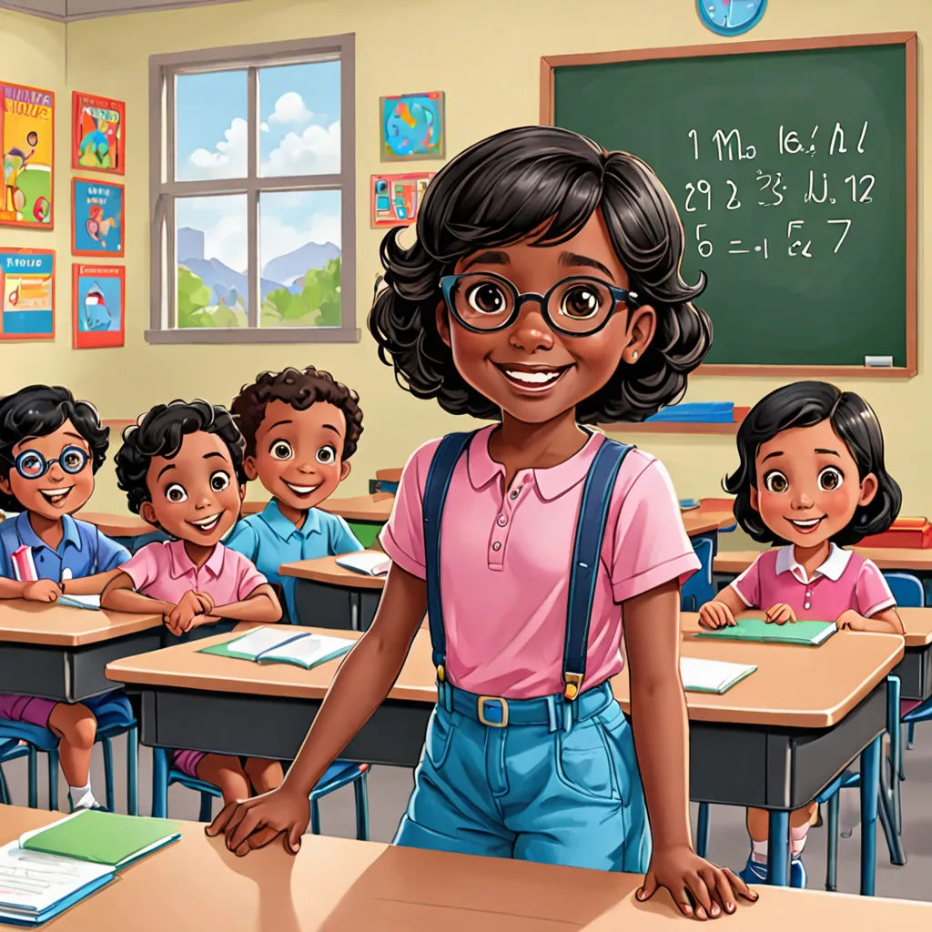 a cartoon of a girl standing in front of a classroom full of children with a chalkboard in the background, american scene painting, a storybook illustration, Ada Gladys Killins, storybook illustration