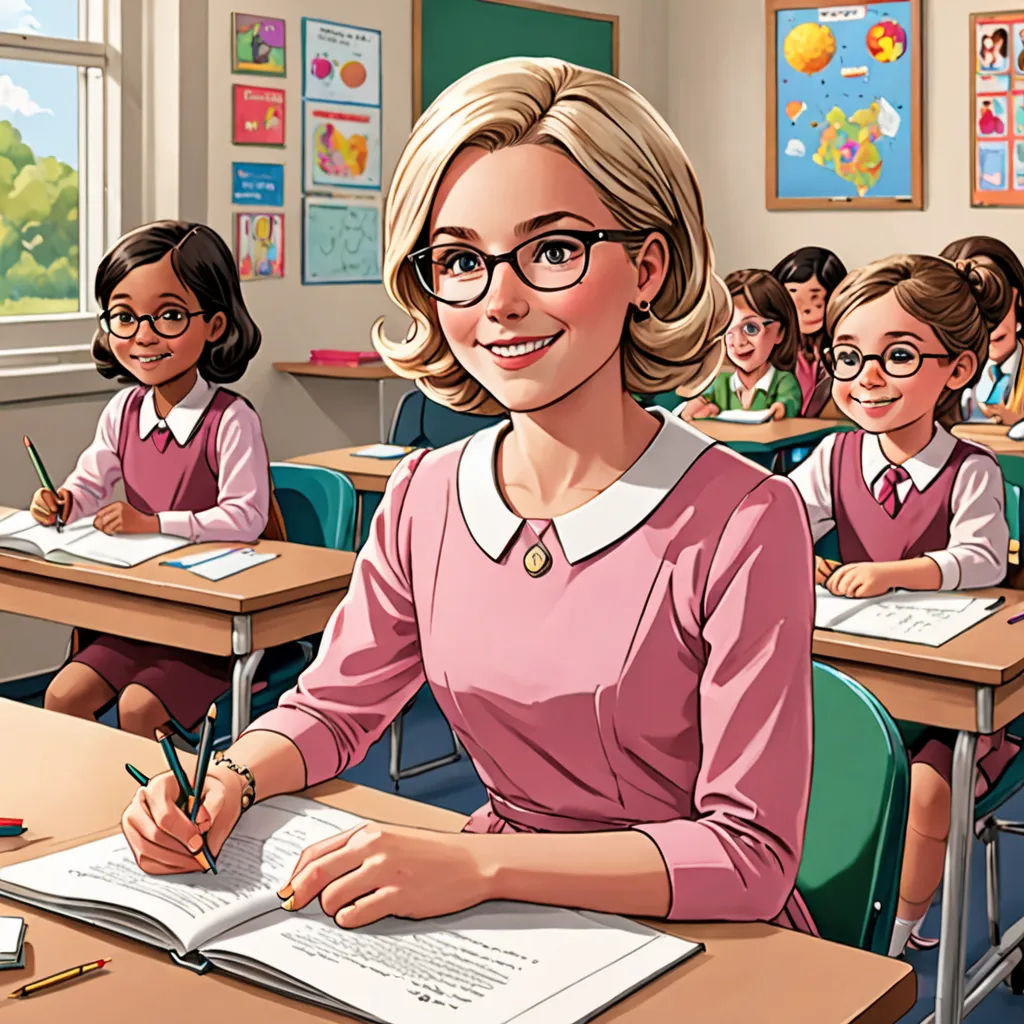 a woman sitting at a desk with a book and pencil in front of her and other children behind her, remodernism, a storybook illustration, Edwin Georgi, promotional image