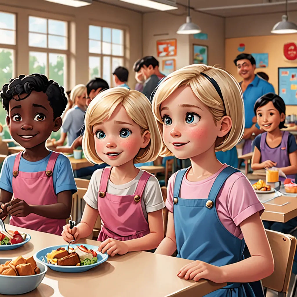a group of children sitting at a table eating food in a classroom with a teacher in the background looking on, american realism, a storybook illustration, Bourgeois, official art