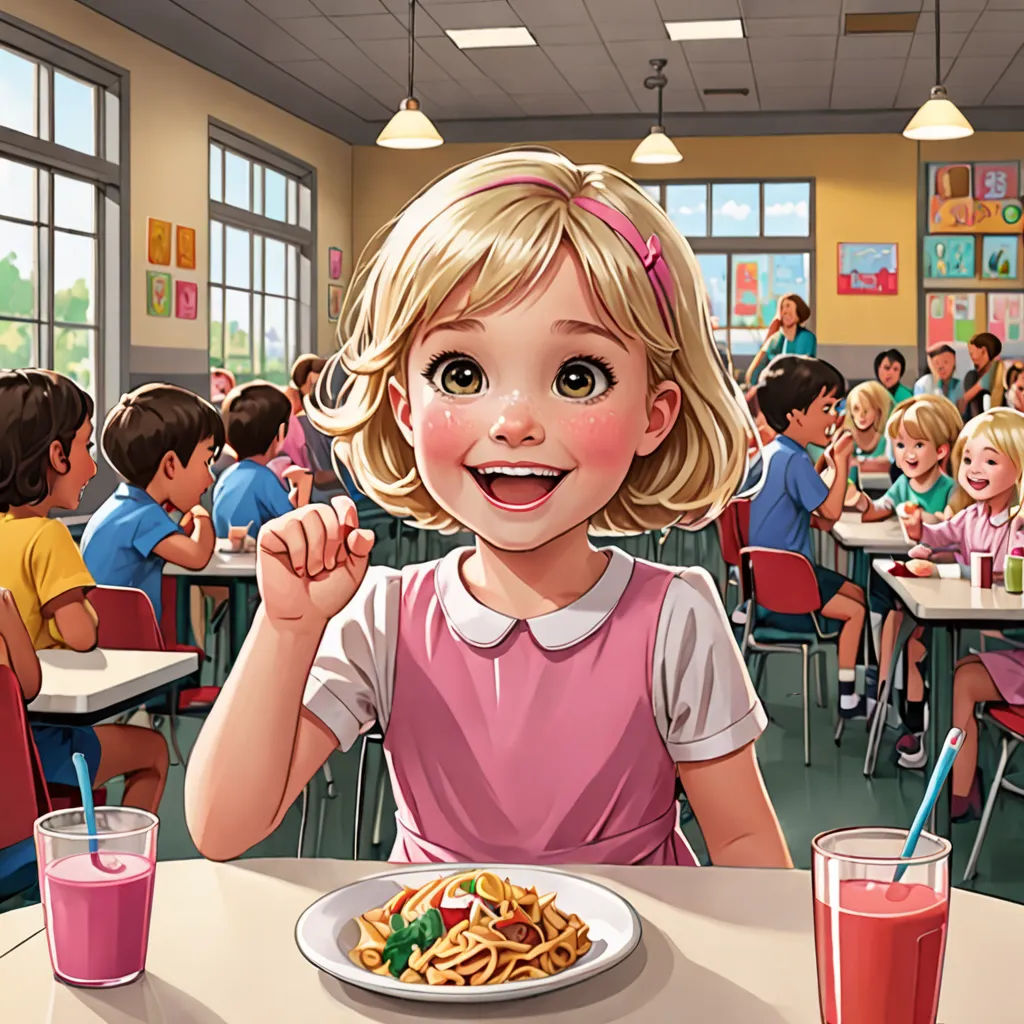 a girl sitting at a table with a plate of food in front of her and a glass of juice, american scene painting, a storybook illustration, Bob Byerley, storybook illustration