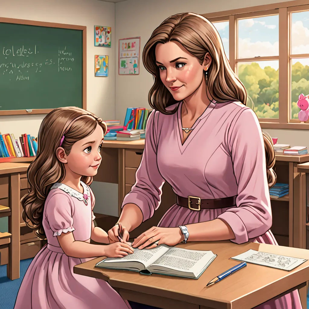 a woman and a little girl are sitting at a desk in a classroom with a book and a pen, american scene painting, a storybook illustration, Brenda Chamberlain, storybook illustration