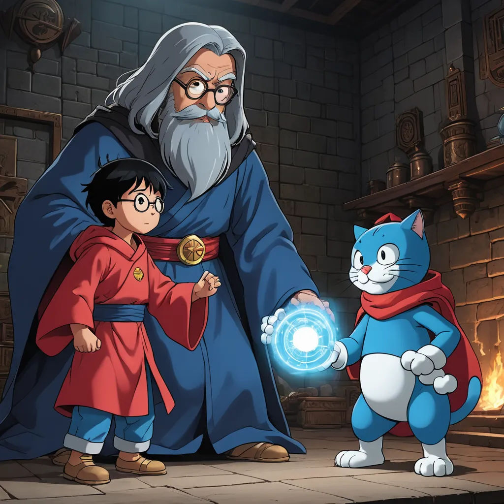 a cartoon of a wizard and a cat with a glowing orb in their hands, with a cat standing next to him, sots art, a storybook illustration, Akira Toriyama, official art