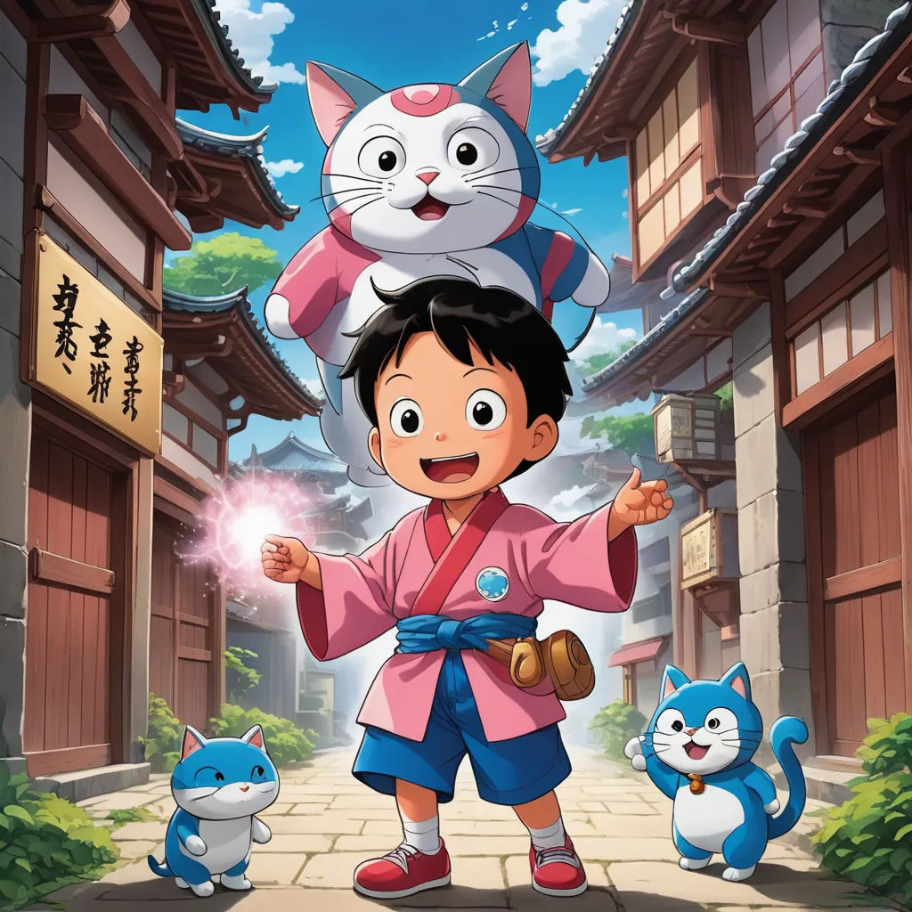 a cartoon character with a cat on his shoulders and a cat on his shoulders on top of a child, ukiyo-e, a character portrait, An Gyeon, promotional image