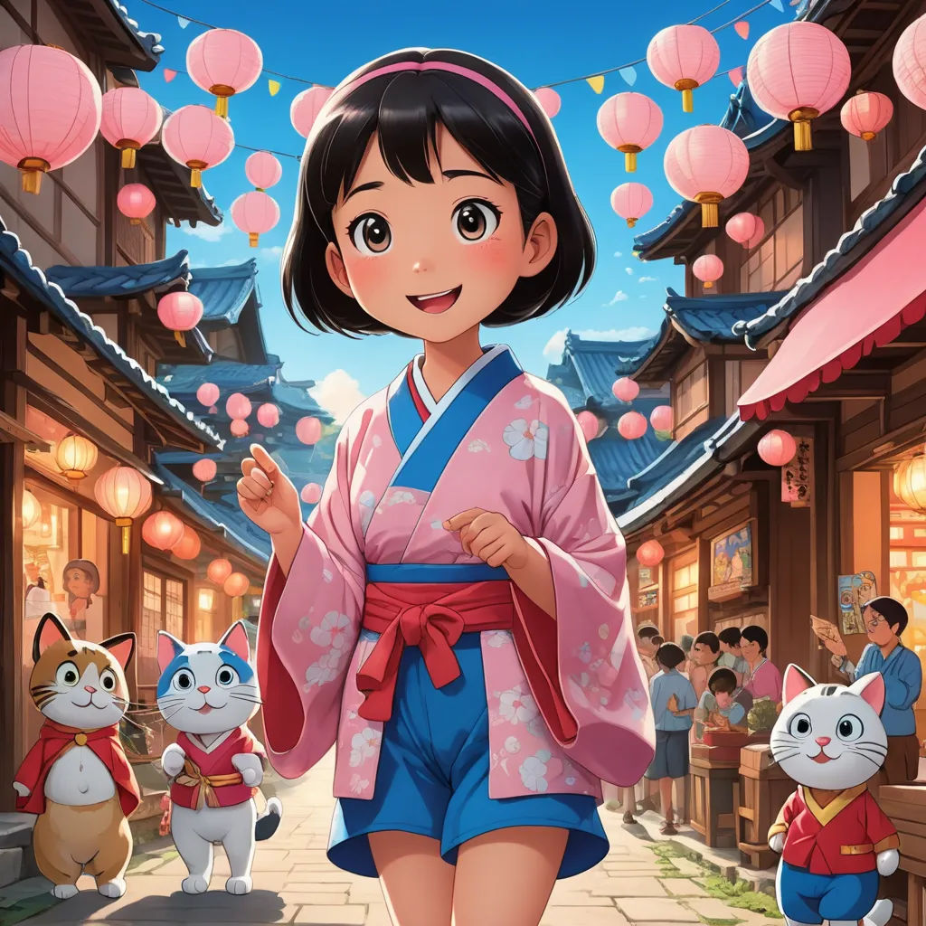 a cartoon girl in a kimono and some cats in front of a building with lanterns and lanterns on the roof, furry art, a storybook illustration, disney, official art