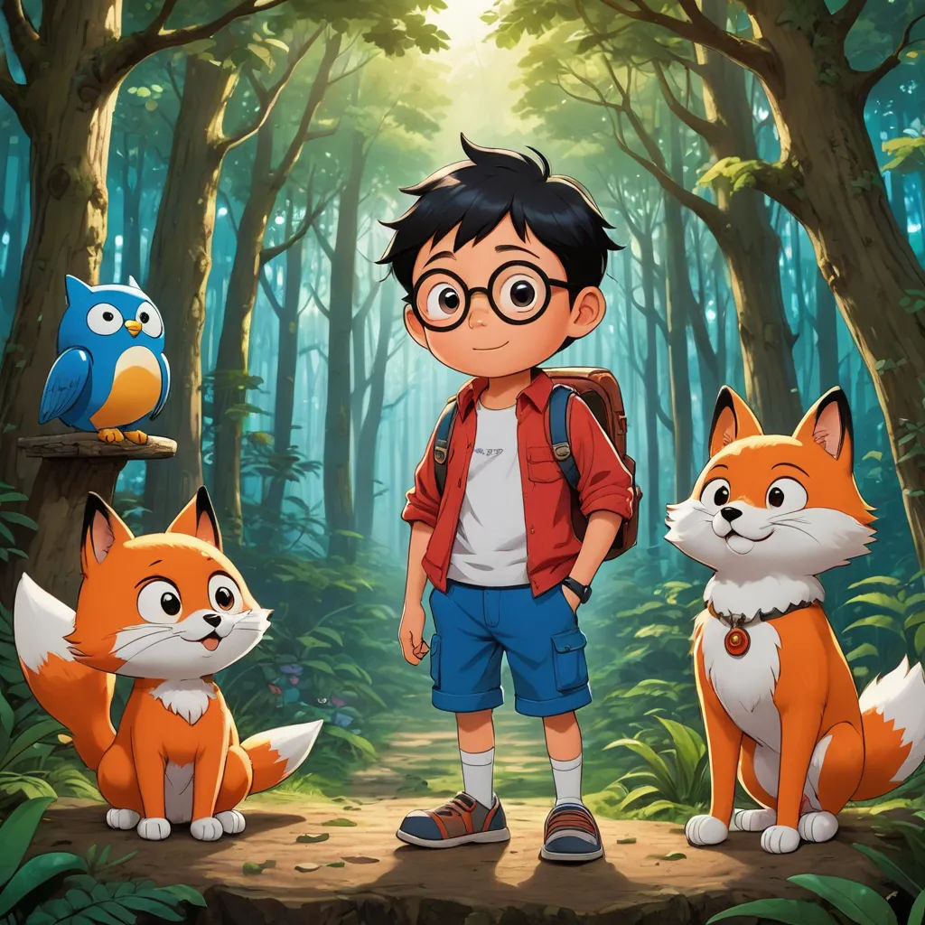 a boy standing in the woods with two foxes and an owl behind him, with a forest background and a forest scene with a boy and a bird, sots art, a character portrait, Diego Gisbert Llorens, promotional image