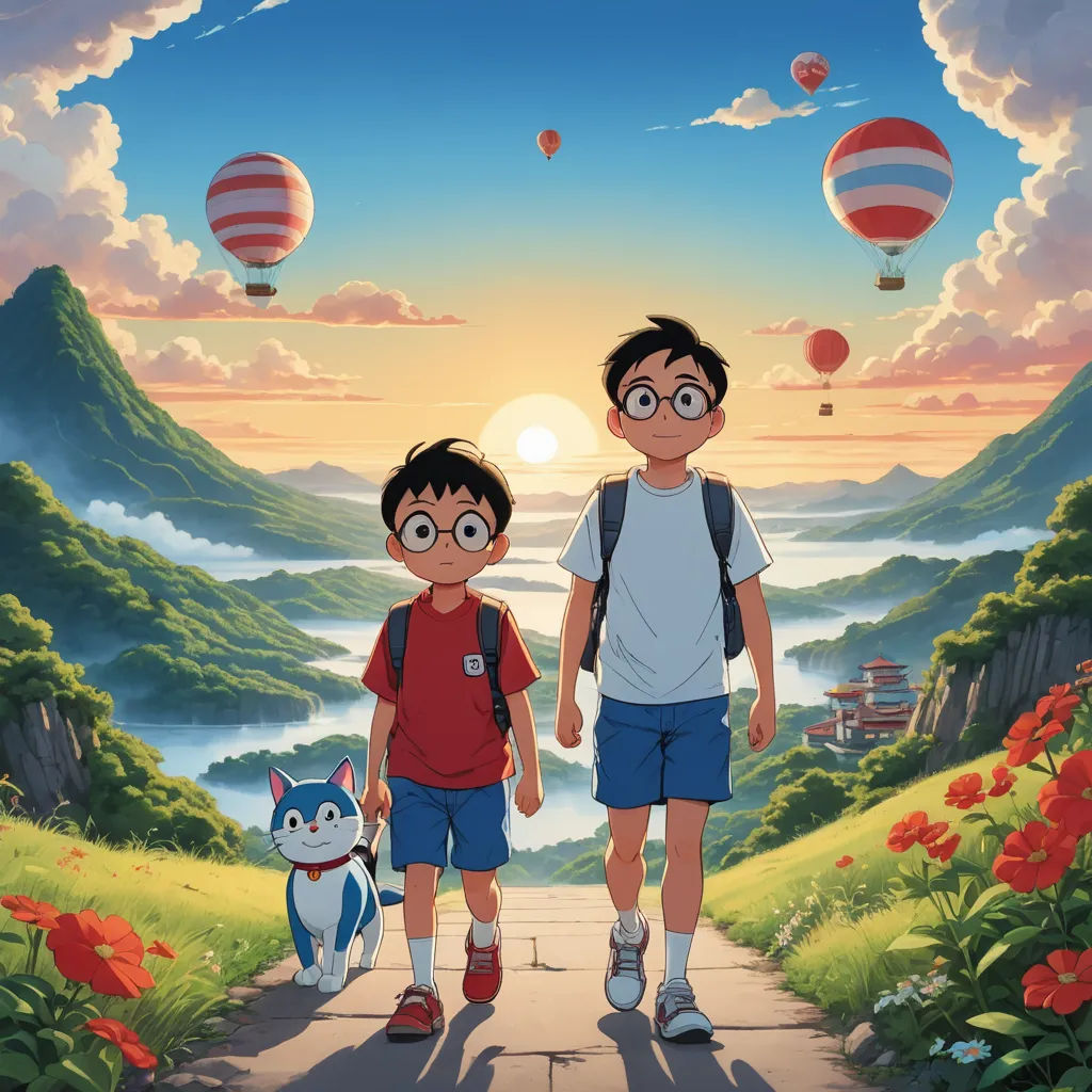 a couple of people that are standing in the dirt near a cat and a cat on a leash and a cat on a leash, sots art, poster art, Akira Toriyama, official art