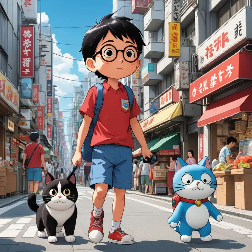 a boy walking down a street with a cat and a cat toy in front of him and a cat on the sidewalk, ukiyo-e, poster art, Asaf Hanuka, anime key visual