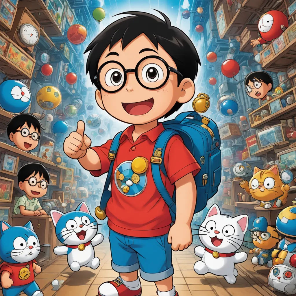a boy with a backpack and many cats in a store with a sky background and a cartoon character holding a thumb up, lyco art, a character portrait, Akira Toriyama, promotional image