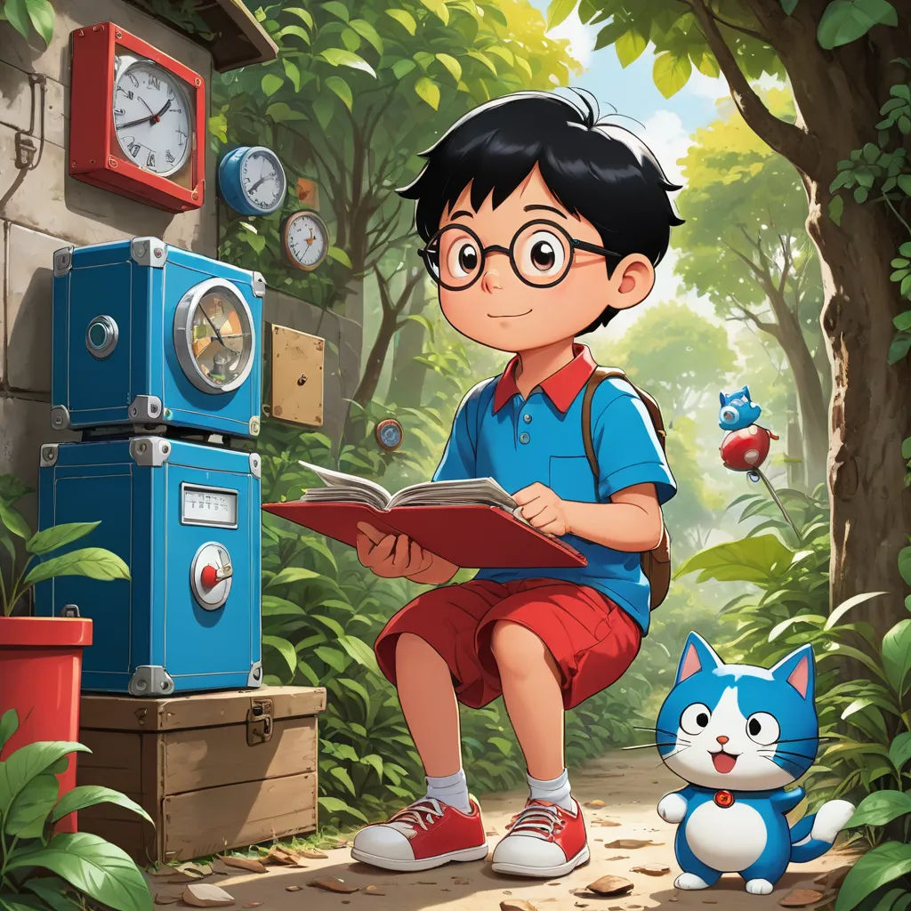 a boy reading a book in the forest with a cat nearby and a clock on the wall behind him, lyco art, a storybook illustration, Akira Toriyama, official art