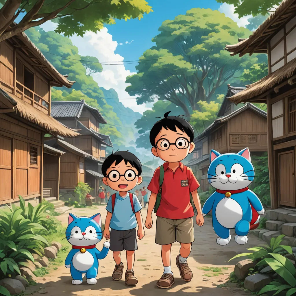 a man and two children are standing in front of a cat and a cat doll in a village with a cat, ukiyo-e, poster art, Akira Toriyama, promotional image