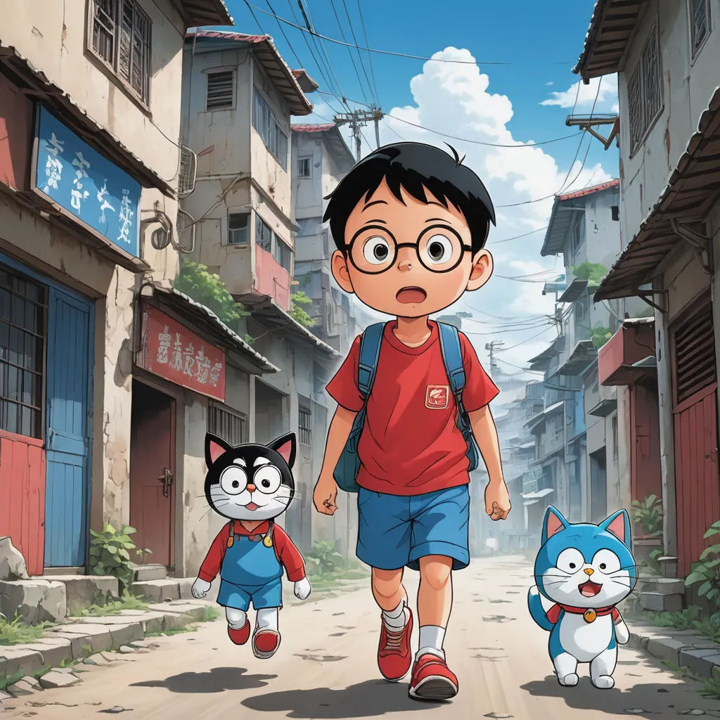 a boy walking down a street with a cat and a cat doll behind him, with a sky background, ukiyo-e, poster art, David Diao, anime key visual