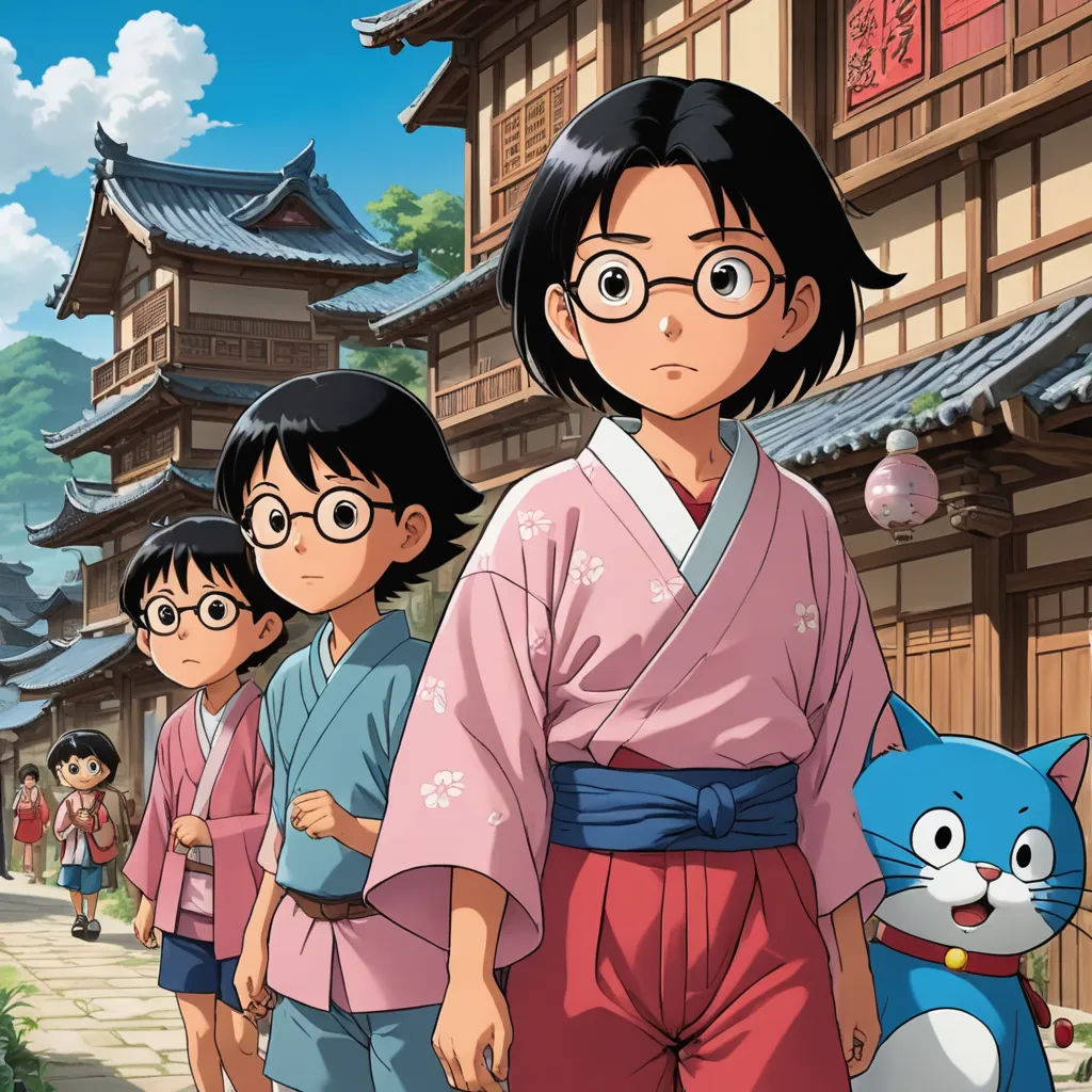 a group of people standing next to each other near a building with a cat on it's shoulder, ukiyo-e, a poster, Ayako Rokkaku, official art