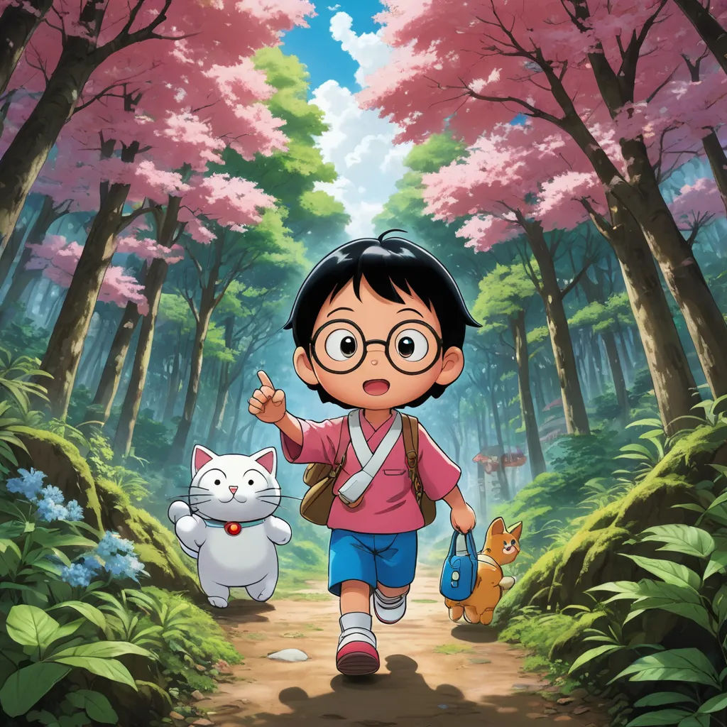 a cartoon character walking down a path with a cat and a cat on it's back end,, ukiyo-e, poster art, Akira Toriyama, promotional image
