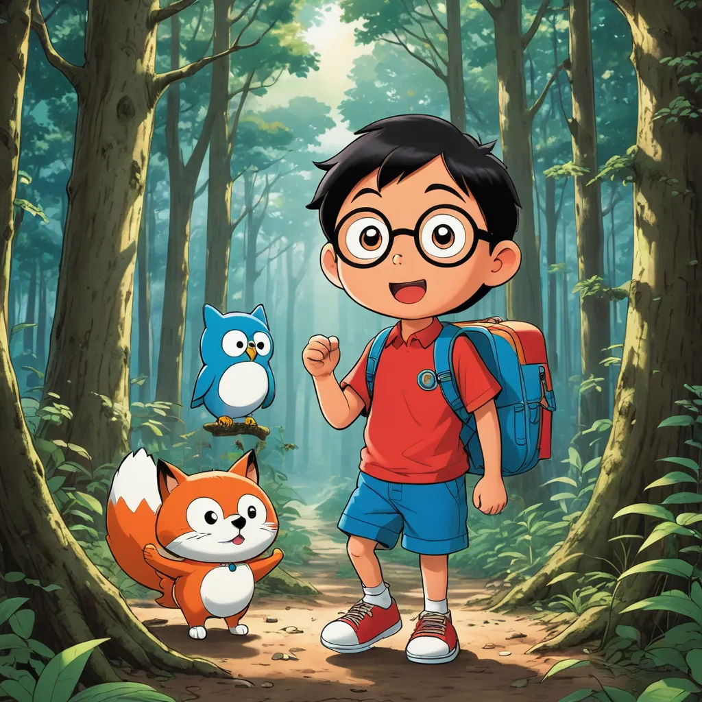 a boy with a backpack and an owl in the woods with a forest background and a forest scene with a boy and an owl, dau-al-set, a character portrait, Du Jin, promotional image