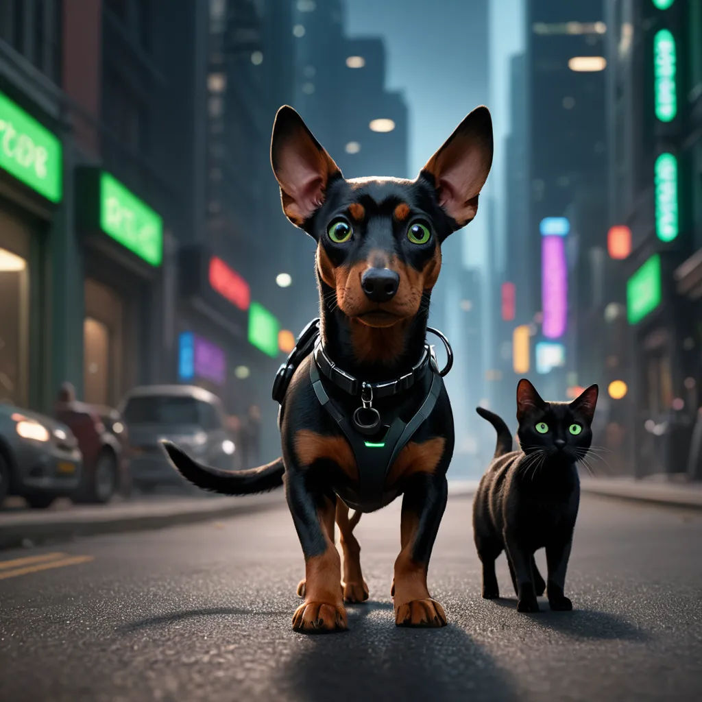 a dog and a cat are walking down the street in the city at night time, with neon lights on the buildings, photorealism, a poster, Felix-Kelly, promotional image