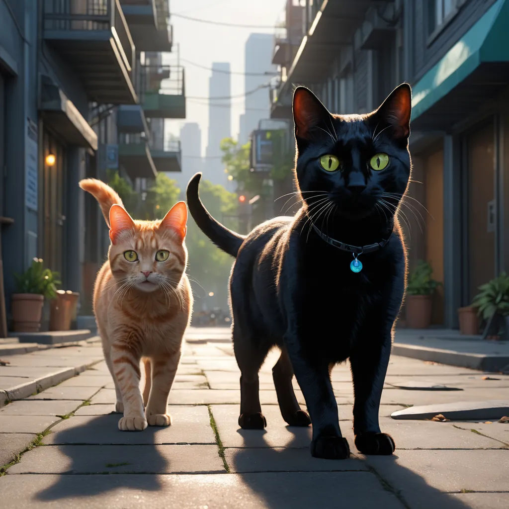 a couple of cats walking down a street next to each other on a sidewalk with buildings in the background, photorealism, concept art, Felix-Kelly, pixar style