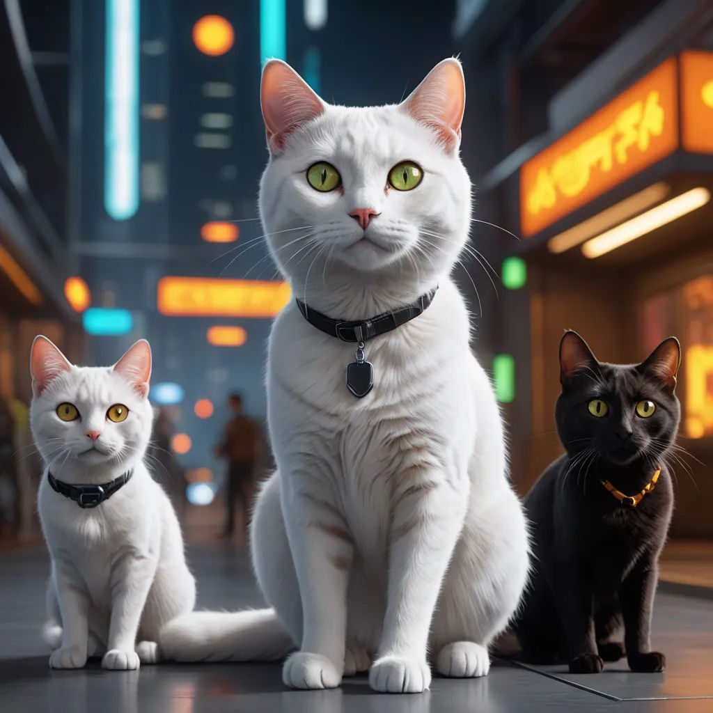a cat and two cats are sitting on the floor in a city at night time, with a neon background, photorealism, concept art, Beeple, unreal engine highly rendered