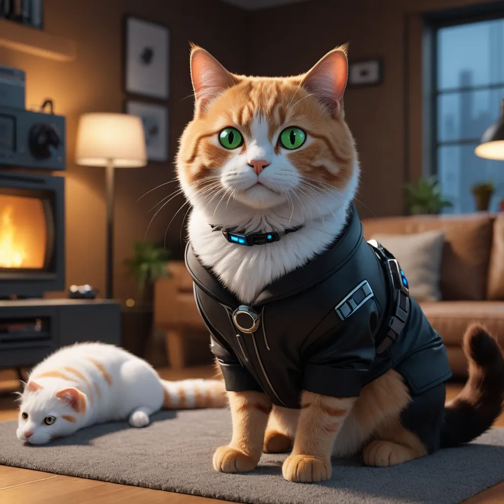 a cat in a leather jacket and a white cat in a living room with a fireplace and a television, furry art, concept art, Carlos Catasse, unreal engine 5 quality render