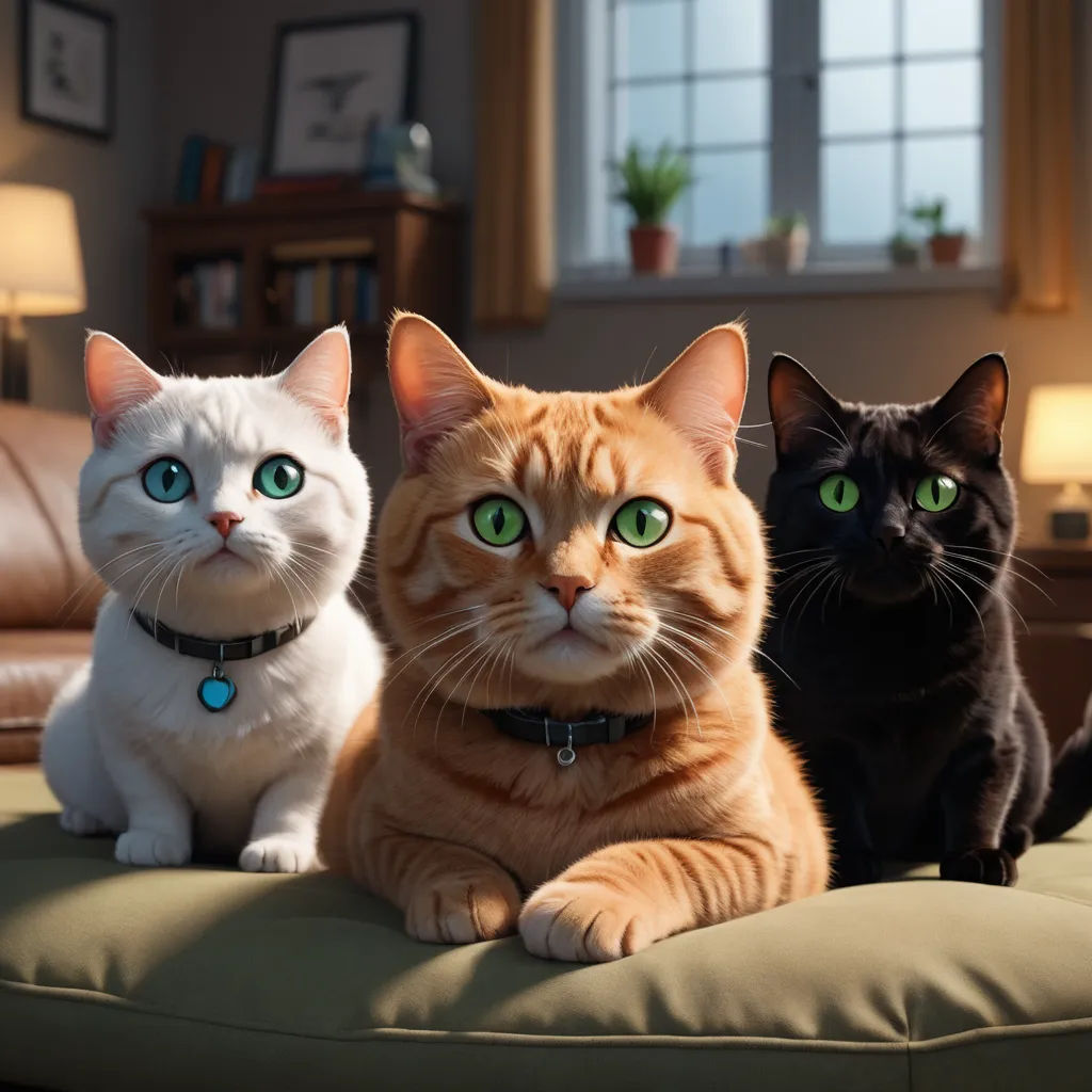 three cats sitting on a couch with green eyes and a black cat with green eyes and a white cat with green eyes, furry art, a photorealistic painting, Felix-Kelly, unreal engine highly rendered