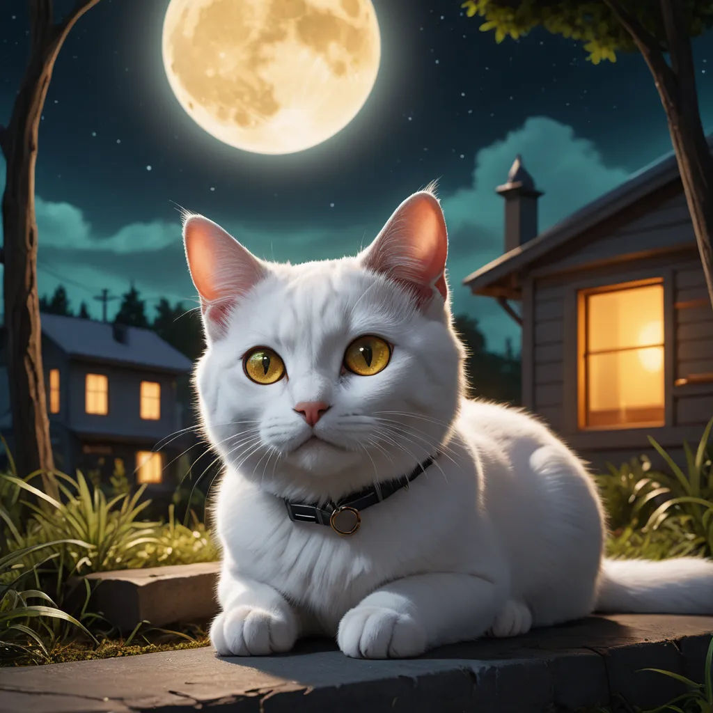 a white cat sitting on a ledge in front of a full moon and a house with a tree in the background, fantasy art, a storybook illustration, Chris LaBrooy, highly detailed digital painting