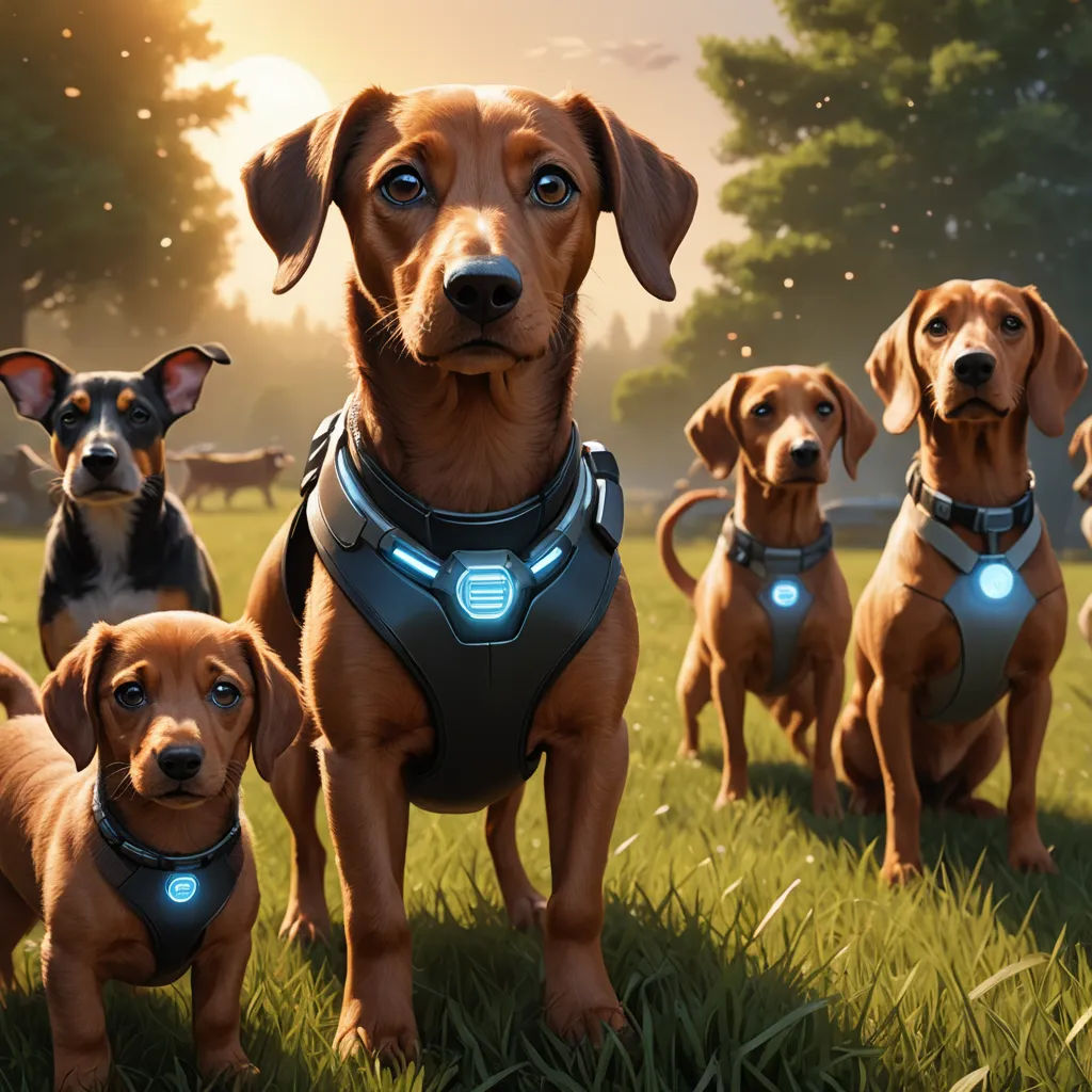a group of dogs wearing glowing collars in a field of grass with trees in the background and a sun setting, furry art, concept art, Chris LaBrooy, promotional image