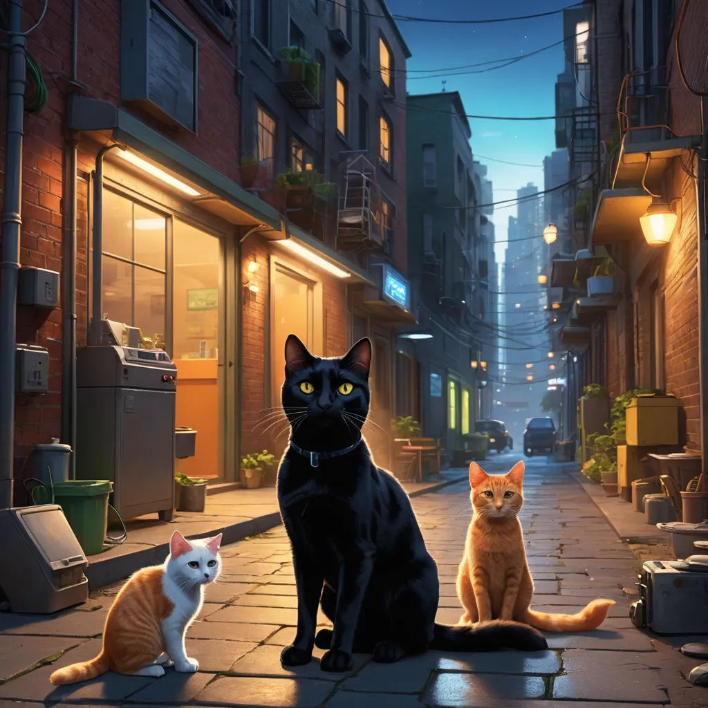a couple of cats sitting on a sidewalk next to a building at night time with a street light in the background, sots art, poster art, Evgeny Lushpin, key art