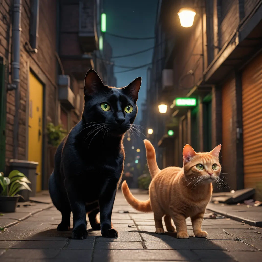 a couple of cats standing on a sidewalk next to each other on a city street at night time with lights on, photorealism, a stock photo, Chris LaBrooy, pixar style