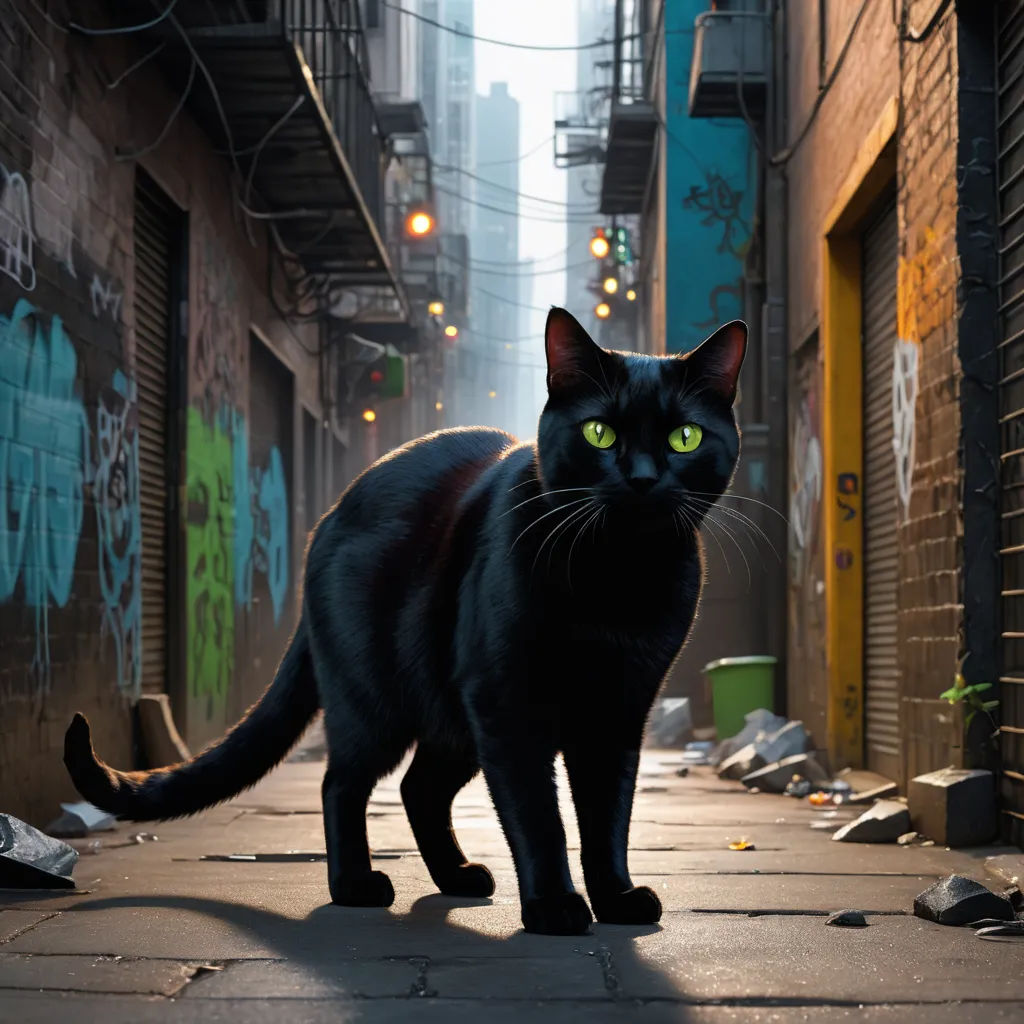 a black cat standing on a sidewalk in a alleyway with graffiti on the walls and a building in the background, photorealism, a detailed matte painting, Carlos Catasse, promotional image