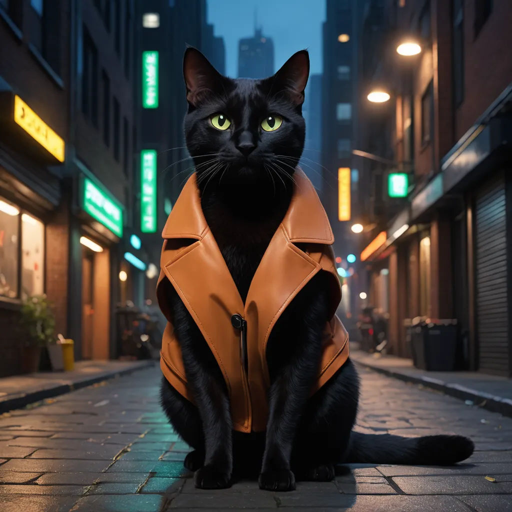 a black cat wearing a leather jacket sitting on a sidewalk in a city at night time with a green light, furry art, a character portrait, Carlos Catasse, promotional image