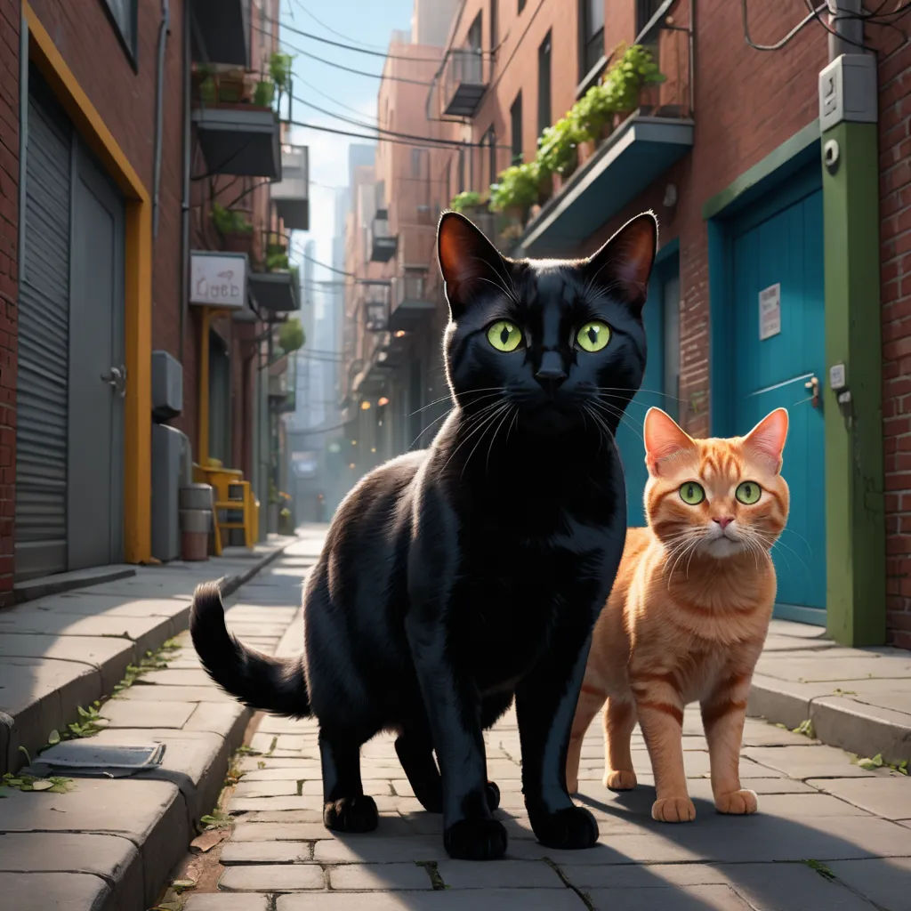 a couple of cats standing on a sidewalk next to each other on a city street with buildings in the background, photorealism, poster art, Felix-Kelly, promotional image