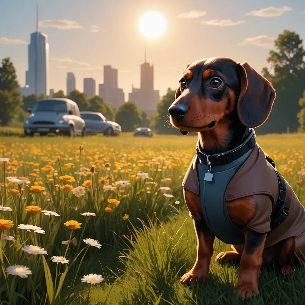 a dog sitting in a field of flowers with a city in the background, with a sun setting behind it, photorealism, a detailed matte painting, Chris LaBrooy, ultra realistic digital art