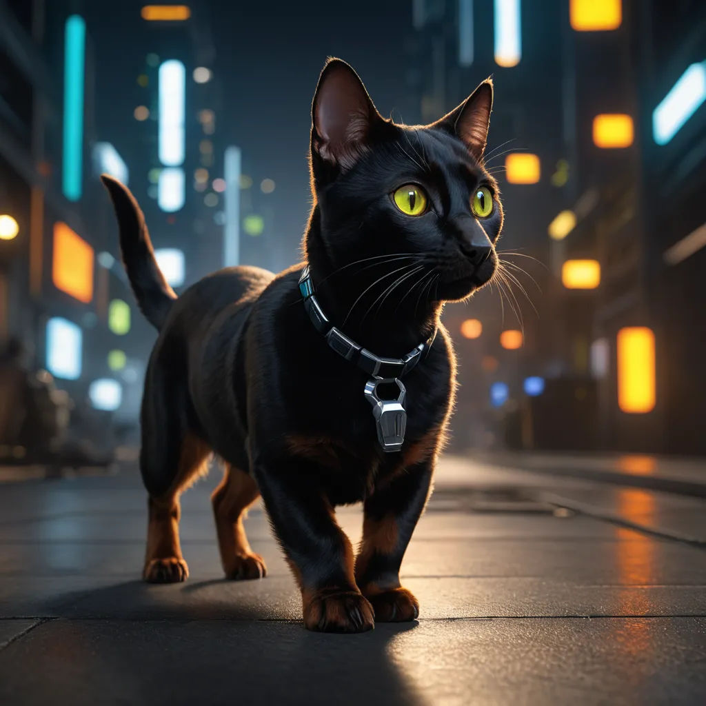 a black cat with green eyes and a collar on walking on a city street at night with buildings in the background, photorealism, a character portrait, Chris LaBrooy, unreal engine 5 highly rendered