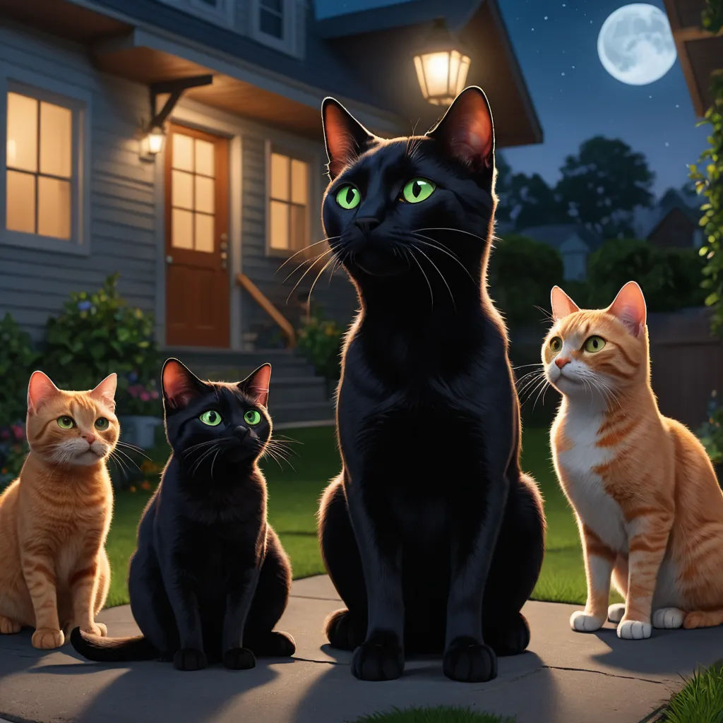 a group of cats sitting on a sidewalk in front of a house at night with a full moon in the sky, sots art, poster art, Felix-Kelly, promotional image