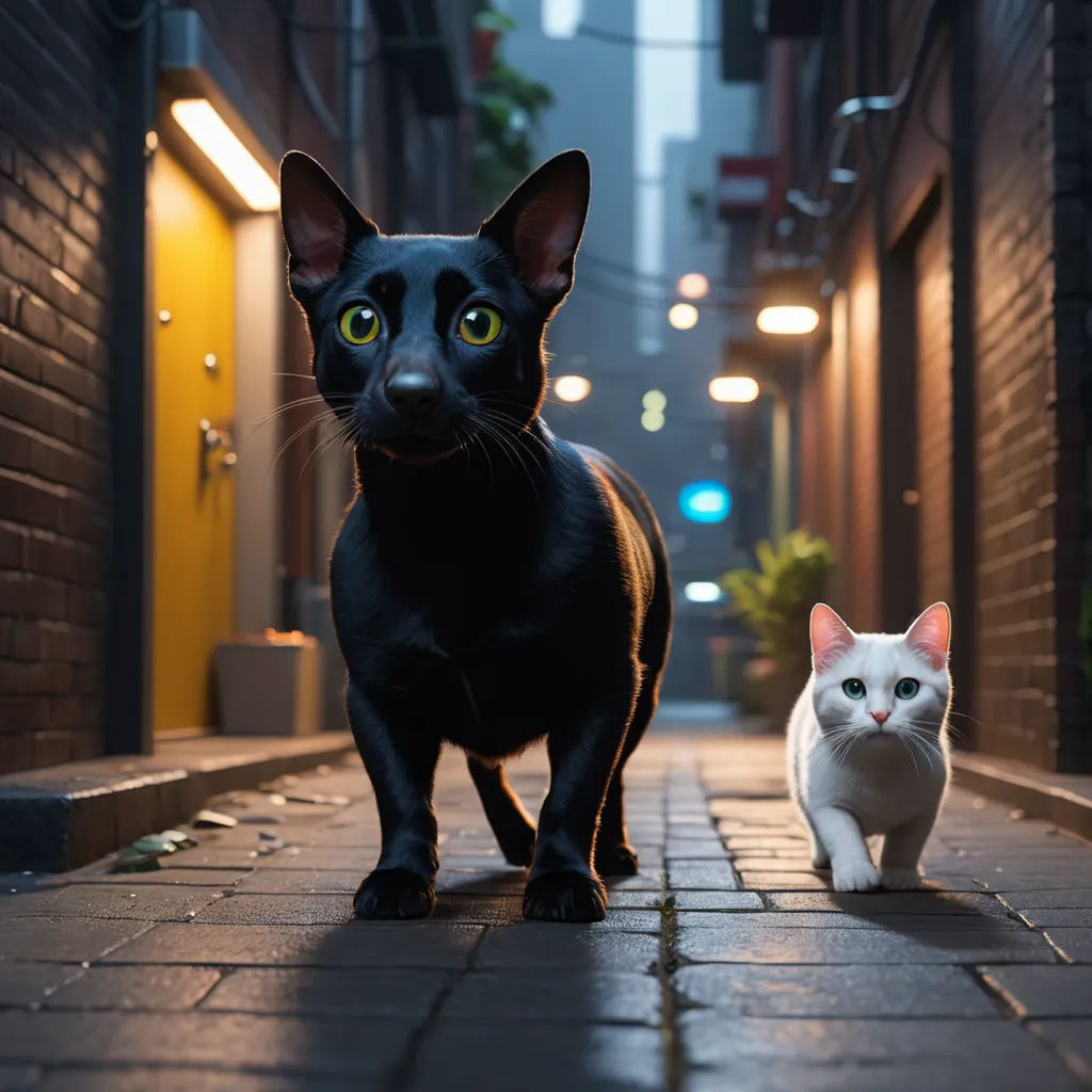 a cat and a cat walking down a street together in the dark night time, with one cat looking at the camera, rayonism, a stock photo, Felix-Kelly, unreal engine highly rendered