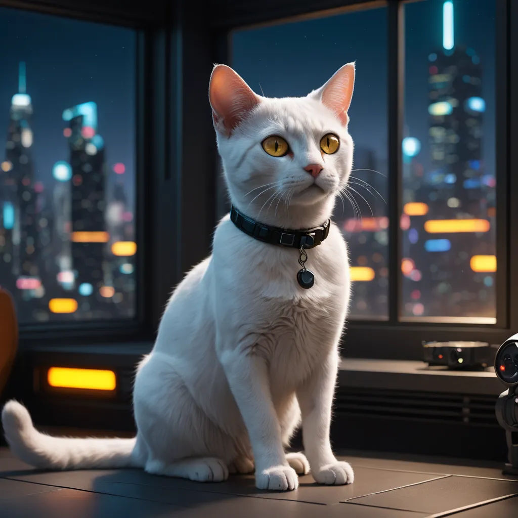 a white cat sitting on a tile floor in front of a window with a city view at night in the background, photorealism, a character portrait, Carlos Catasse, unreal engine 5 quality render