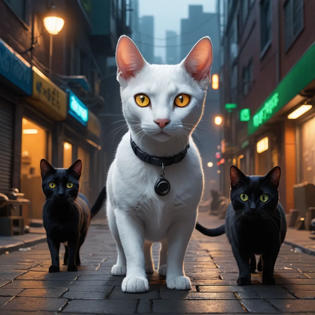 a white cat with yellow eyes stands between two black cats on a city street at night with a neon light, rayonism, poster art, Carlos Catasse, key art