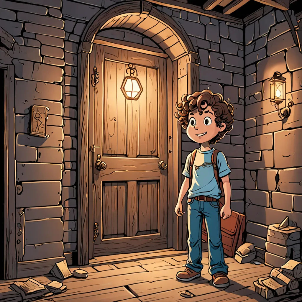 a boy standing in front of a door with a briefcase in his hand and a book in his other hand, sots art, a storybook illustration, Diego Gisbert Llorens, storybook illustration