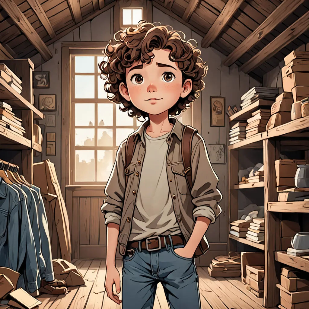 a boy standing in a room with a lot of shelves and a window in it with a bookcase, process art, a character portrait, Cliff Childs, rossdraws global illumination