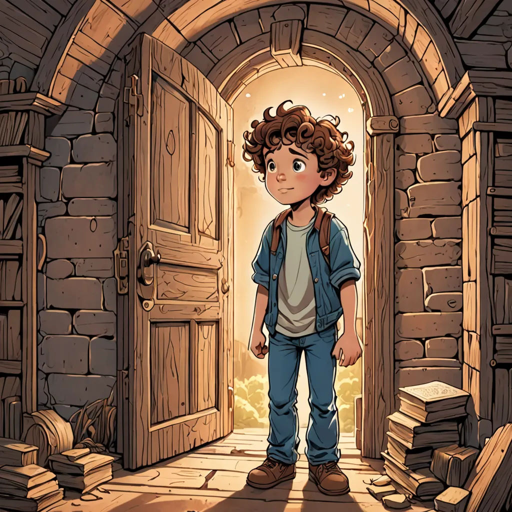 a boy standing in a doorway with a backpack on his back and a book in his hand in front of him, process art, a storybook illustration, Diego Gisbert Llorens, storybook illustration