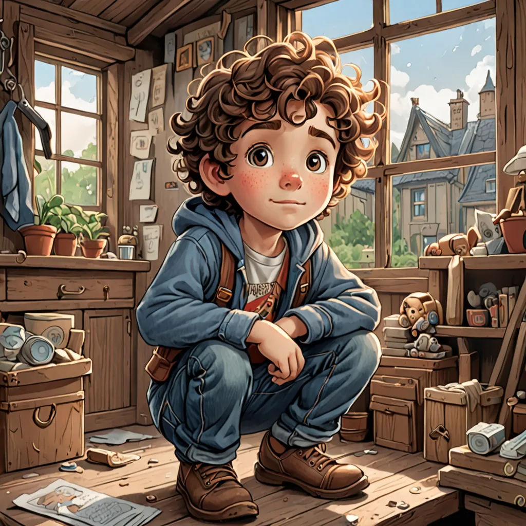 a boy sitting on a table in a room with a lot of stuff on the floor and a window, photorealism, a storybook illustration, Aaron Jasinski, rossdraws global illumination