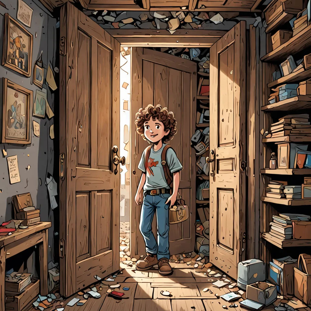 a boy standing in a doorway of a room with a lot of books on the floor and a lot of books on the walls, private press, a storybook illustration, Diego Gisbert Llorens, storybook illustration