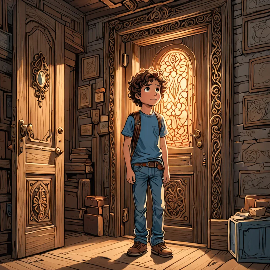 a boy standing in a room with a wooden door and a suitcase in front of him and a window, fantasy art, a storybook illustration, Diego Gisbert Llorens, rossdraws global illumination