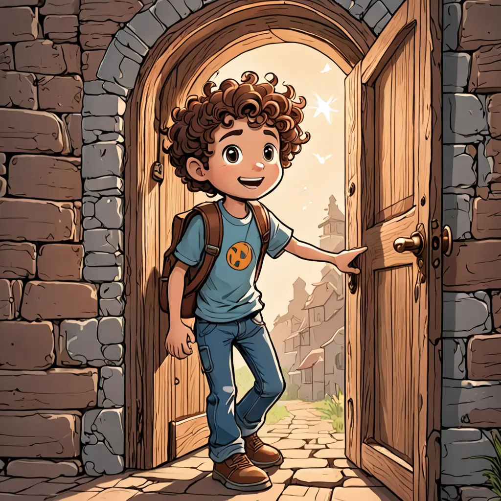 a boy standing in front of a door with a bag on his back and a backpack on his shoulder, fantasy art, a storybook illustration, Cliff Childs, storybook illustration