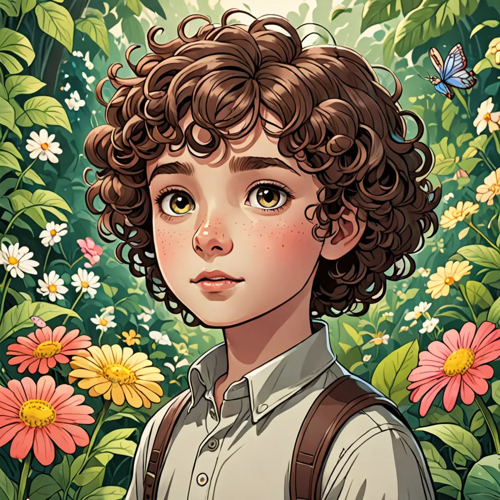 a boy with curly hair standing in a field of flowers and butterflies, with a butterfly flying above him, fantasy art, a character portrait, Aaron Jasinski, rossdraws global illumination
