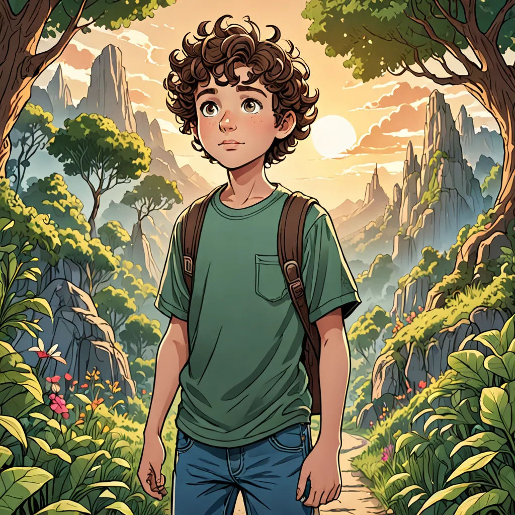 a boy with a backpack standing in a forest with mountains and trees in the background, with a path leading to the right, fantasy art, a character portrait, Cliff Childs, rossdraws global illumination