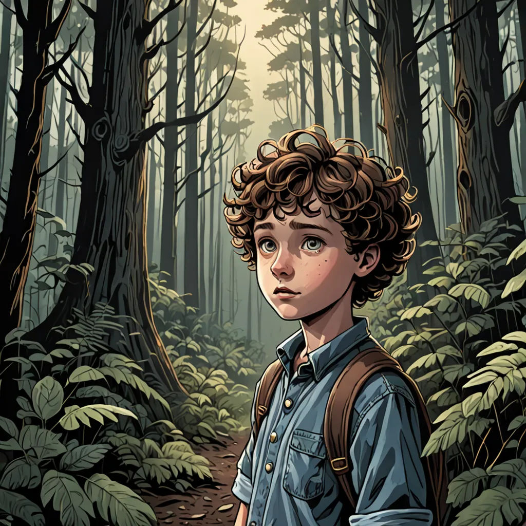 a boy with curly hair standing in a forest with a backpack on his back and a forest background with trees, serial art, a storybook illustration, Dan Mumford, comic cover art