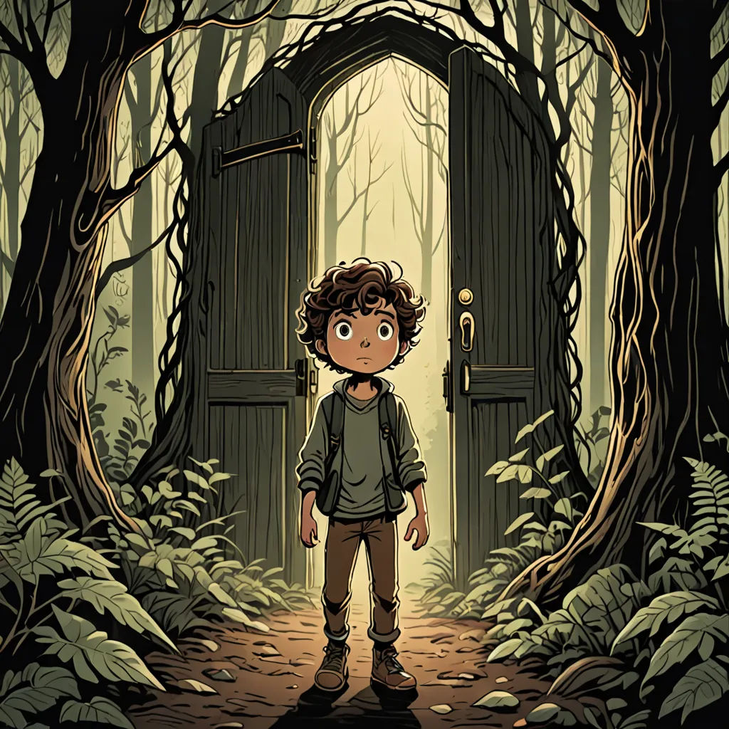 a boy standing in front of a doorway in a forest with trees and leaves on the ground and a door to another room, private press, a storybook illustration, Diego Gisbert Llorens, comic cover art