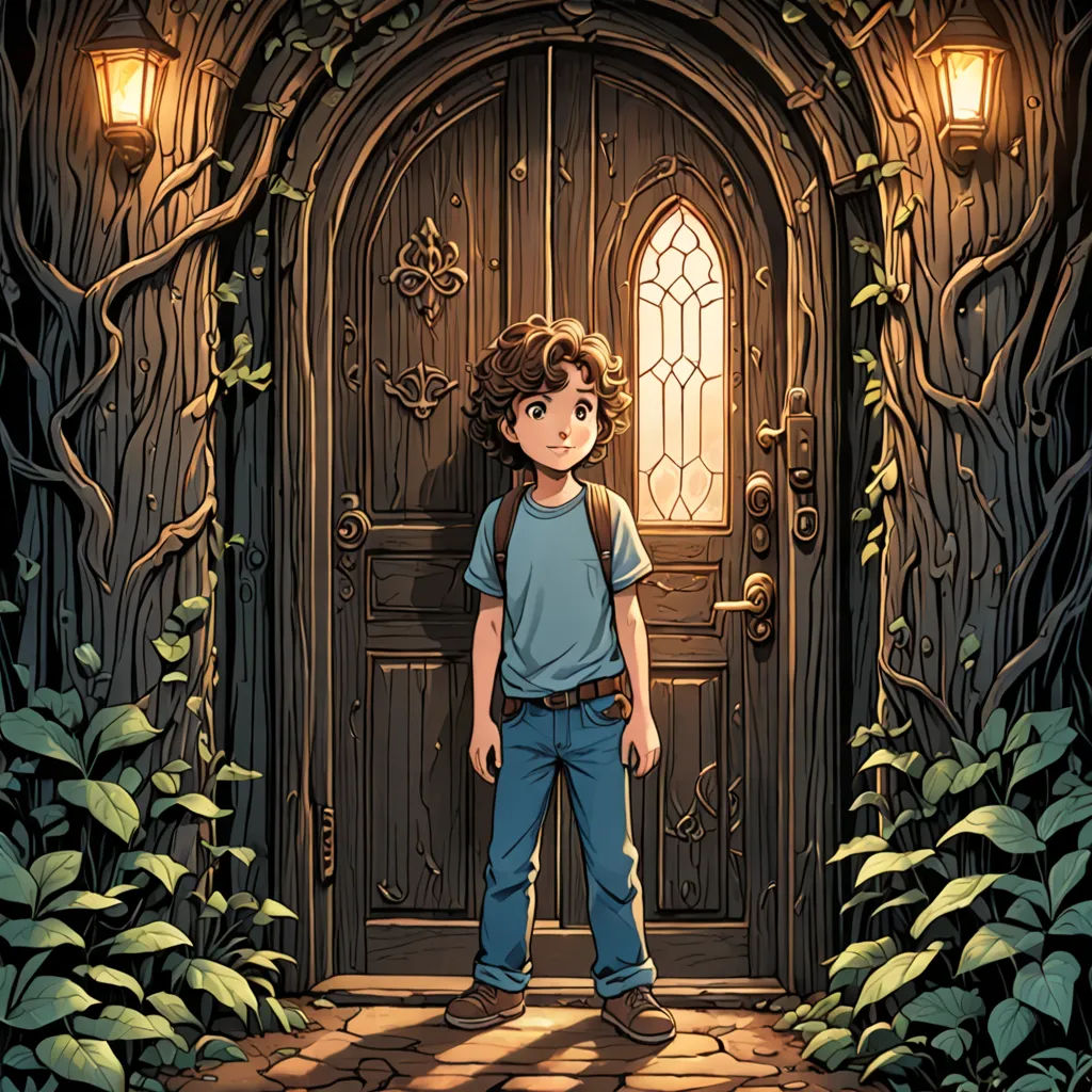 a boy standing in front of a door with a light on it and a tree growing around him and a light on the door, fantasy art, a storybook illustration, Dan Mumford, rossdraws global illumination