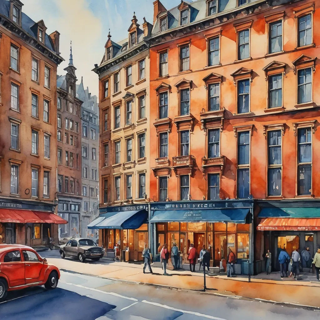 a painting of a street corner with a red car parked in front of it and people walking around the corner, american scene painting, a watercolor painting, Antoine Blanchard, in gouache detailed paintings